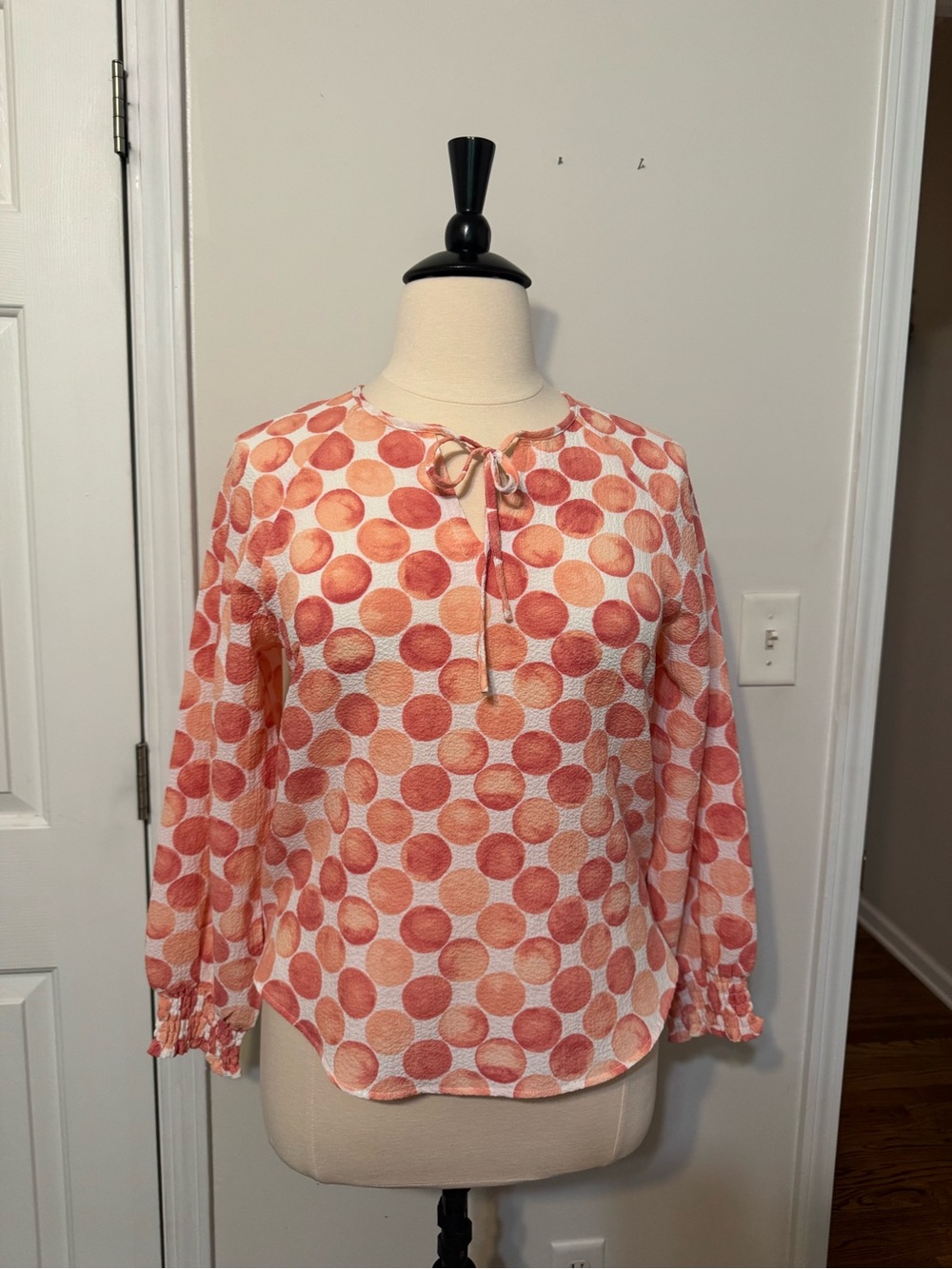 Polka Dot Tie-Neck Blouse in Pink and Orange